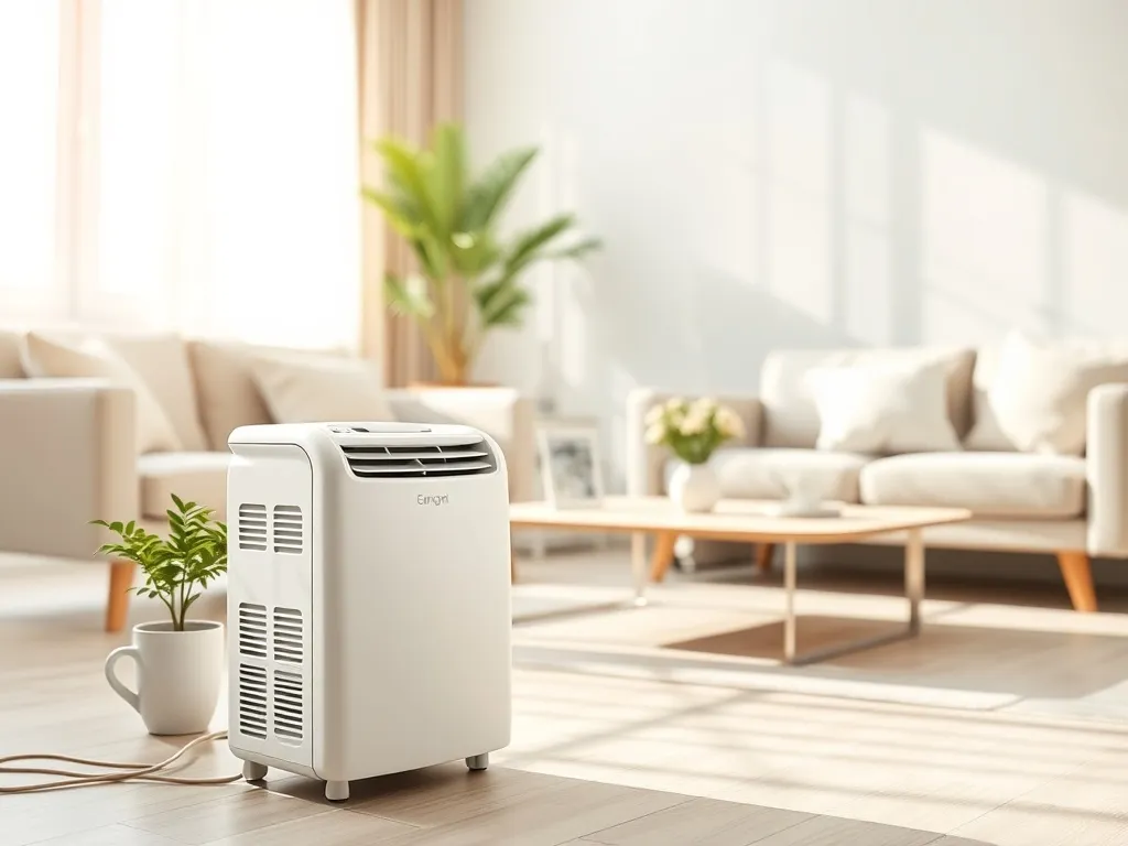 Jasny salon latem z przenośnym klimatyzatorem chłodzącym wnętrze, obok roślina i minimalistyczne meble.