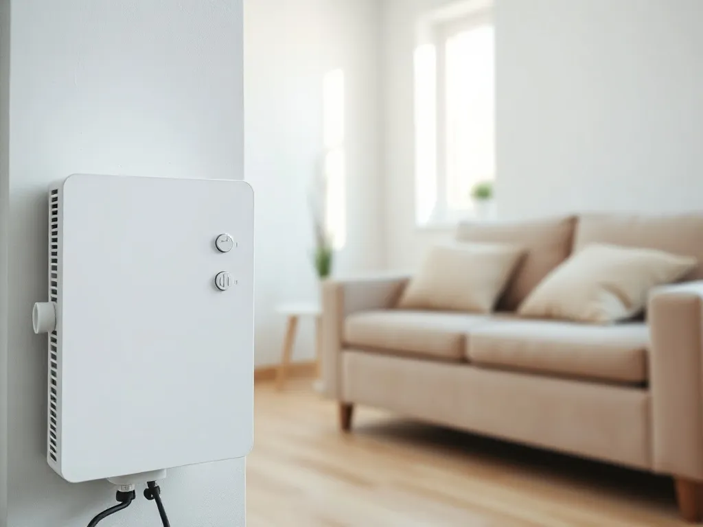 Nowoczesny biały grzejnik elektryczny na ścianie w jasnym salonie, podkreślający energooszczędne i estetyczne ogrzewanie wnętrza.