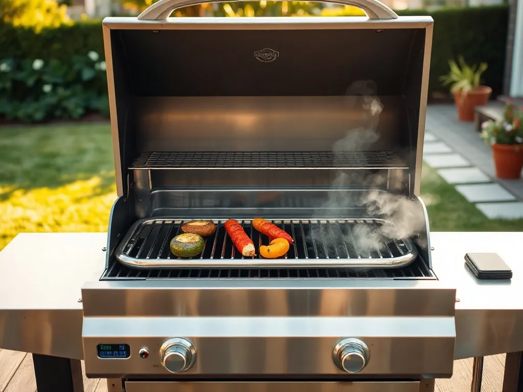 Nowoczesny grill gazowy ze stali na tarasie, z warzywami i szaszłykami, w słonecznym, przytulnym ogrodzie.