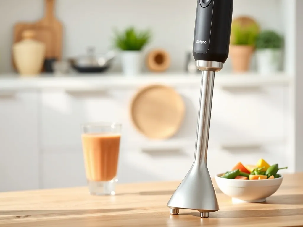 Elegancki blender ręczny na blacie obok smoothie i owoców, w jasnej kuchni – ilustracja do rankingu blenderów.