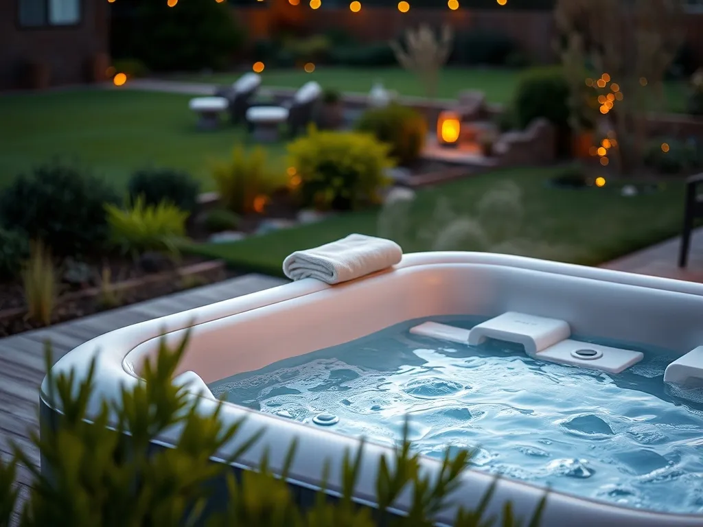 Nowoczesne dmuchane jacuzzi w ogrodzie na drewnianym tarasie, otoczone zielenią, prezentujące relaksującą strefę spa