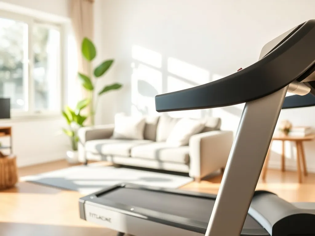 Nowoczesna bieżnia domowa w jasnym salonie, podkreślająca wygodną przestrzeń do treningu fitness w domu.