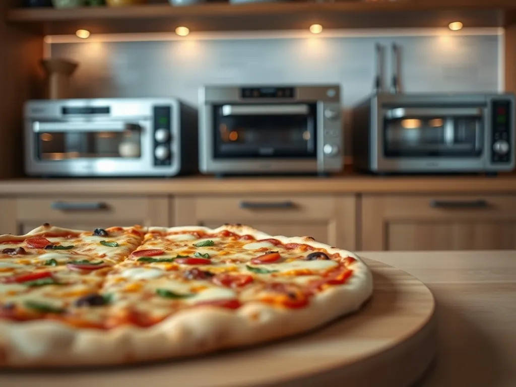 Świeżo upieczona pizza na desce w przytulnej kuchni, w tle na blacie kilka modeli domowych pieców do pizzy.