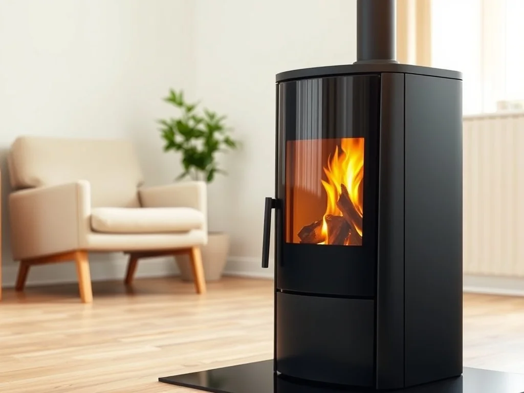 Elegancki piec na pellet 10 kW z widocznym płomieniem w przytulnym, minimalistycznym salonie z jasną podłogą.
