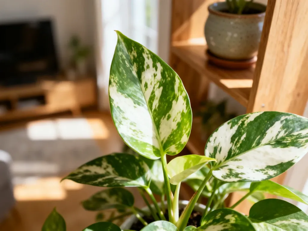 Zbliżenie na liście Epipremnum 'Happy Leaf' o charakterystycznym biało-zielonym wybarwieniu w słonecznym wnętrzu.