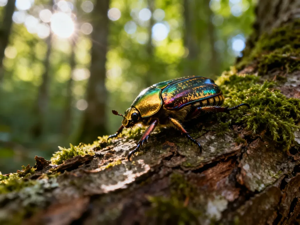 Zdobniczka bukowa na mszystej korze drzewa w lesie. Zbliżenie ukazujące szczegóły pancerza i naturalne ubarwienie owada.