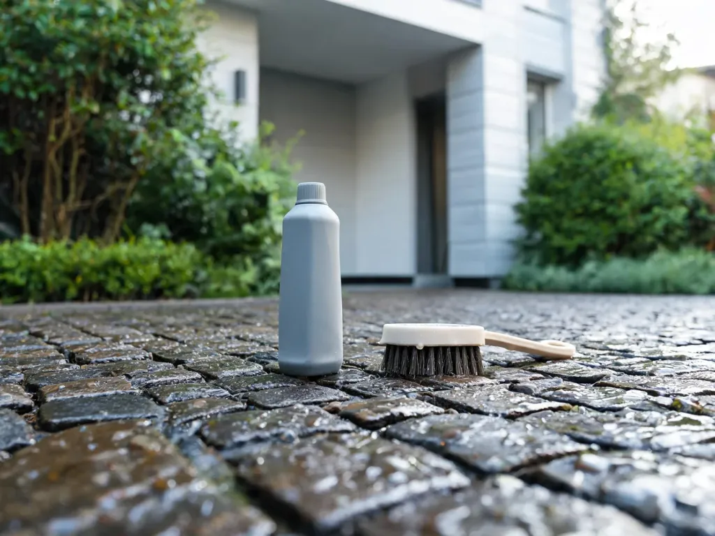 Czysta, mokra kostka brukowa z płynem do mycia i szczotką na podjeździe przed nowoczesnym domem.