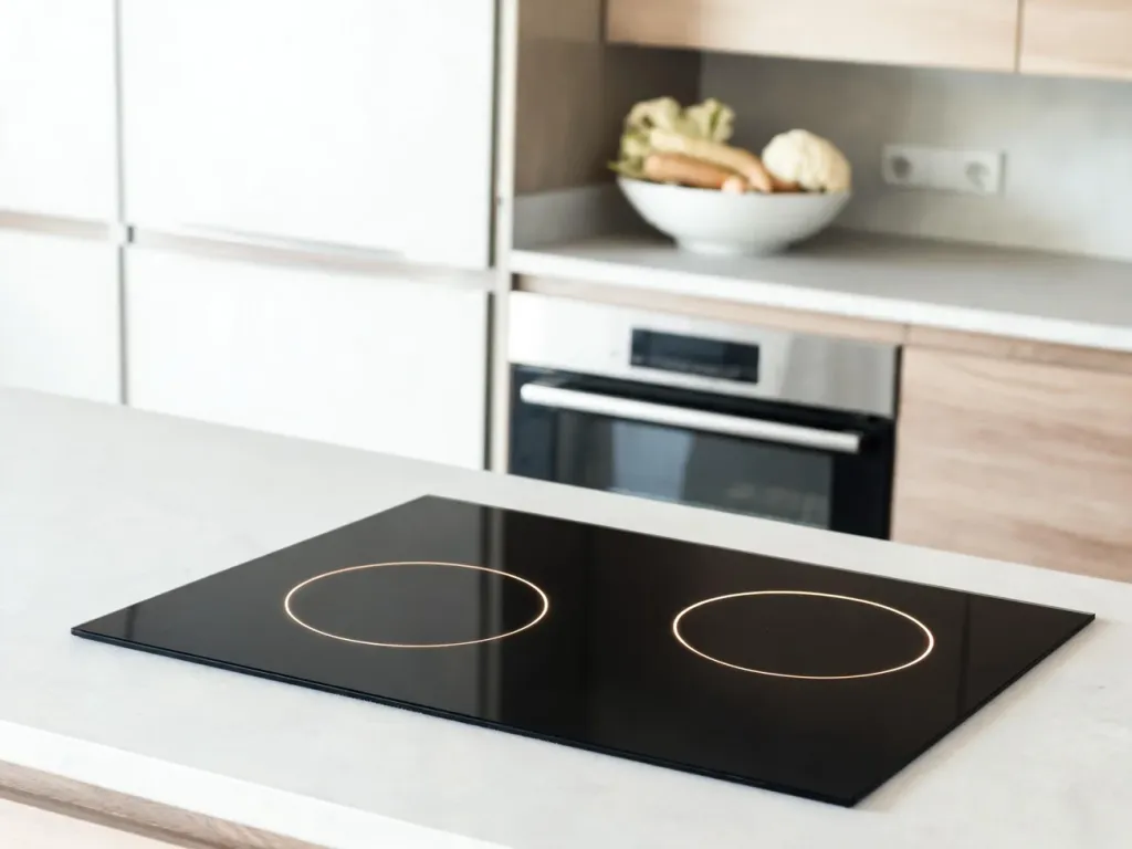 Czarna płyta indukcyjna na jasnym blacie w nowoczesnej kuchni, podkreślająca design i energooszczędność sprzętu.