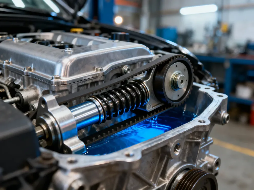 Zbliżenie na mechanizm napinacza hydraulicznego z widocznym tłokiem i płynem w bloku silnika samochodowego.