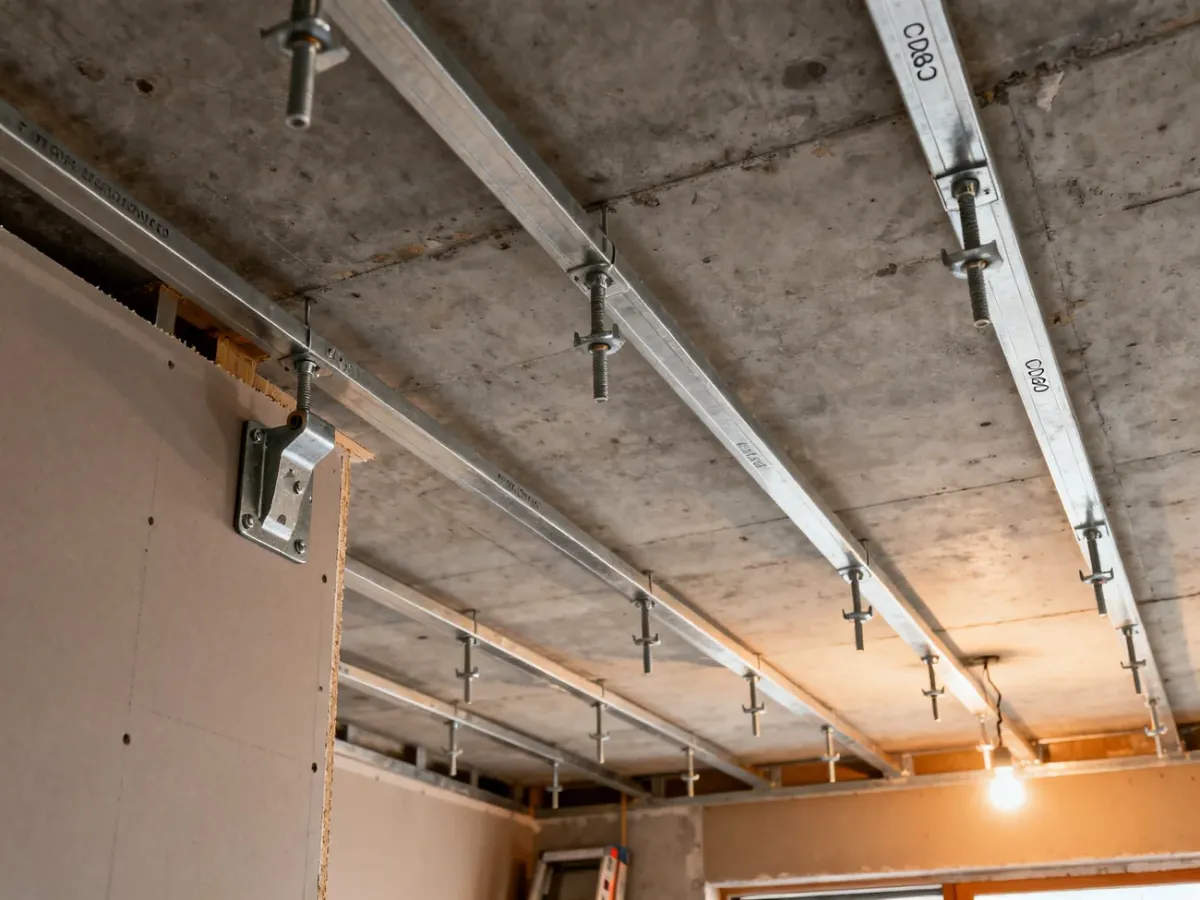 Metal framework of a suspended drywall ceiling with evenly spaced hangers near a wall