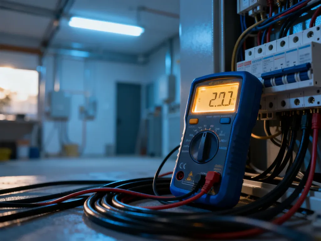 Multimetr podłączony do domowej rozdzielnicy elektrycznej, wskazujący pomiar napięcia w instalacji.