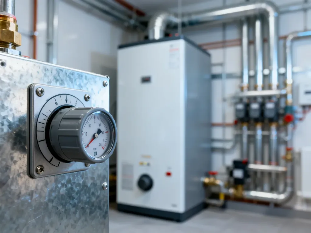 Nowoczesny kocioł grzewczy w uporządkowanej kotłowni, prezentujący profesjonalną instalację i elementy techniczne urządzenia.