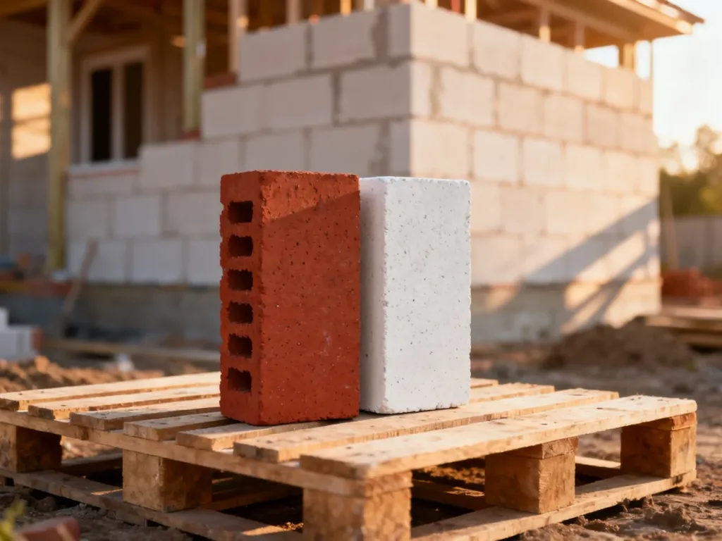 Porównanie czerwonej cegły ceramicznej i białej cegły silikatowej na palecie budowlanej w trakcie budowy domu.