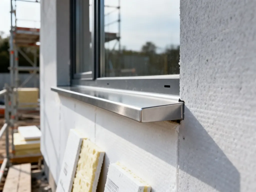 Nowo zamontowany metalowy parapet zewnętrzny na tle ocieplonej ściany budynku w trakcie prac budowlanych.