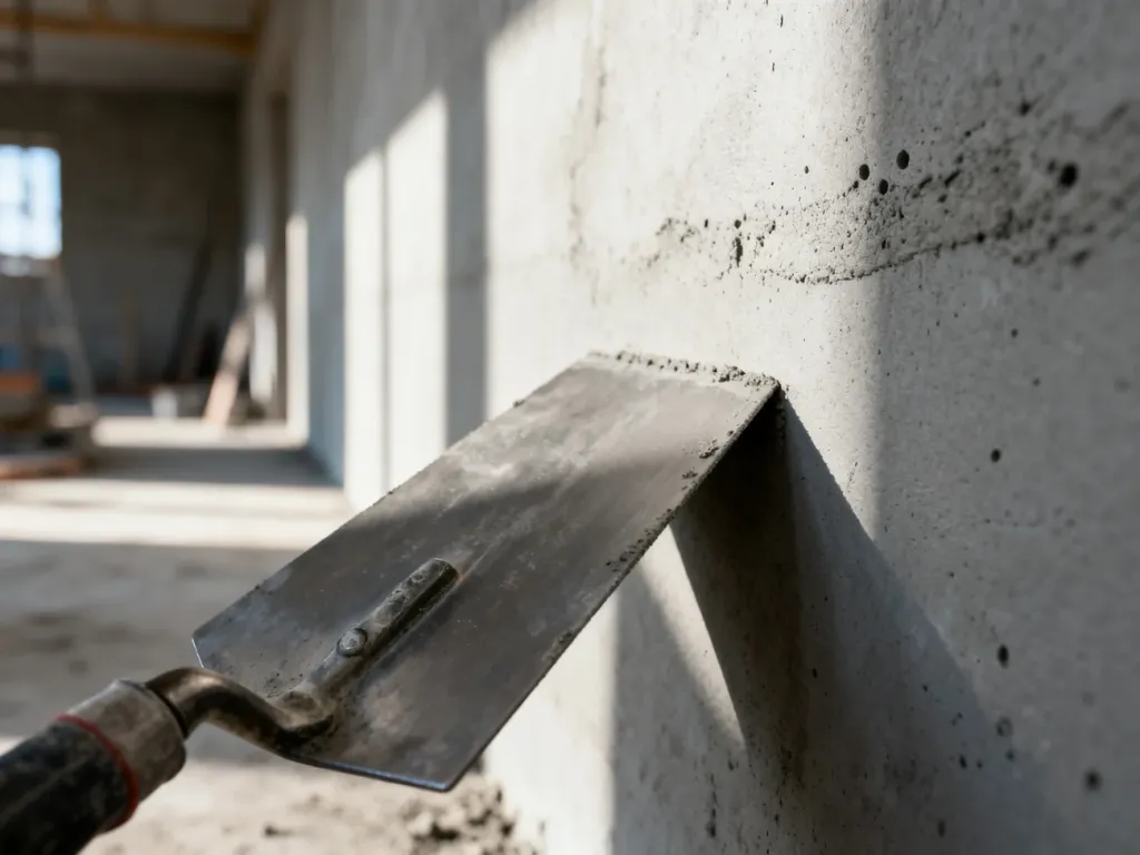 Profesjonalne wygładzanie surowej betonowej ściany za pomocą stalowej pacy w jasnym, industrialnym wnętrzu.