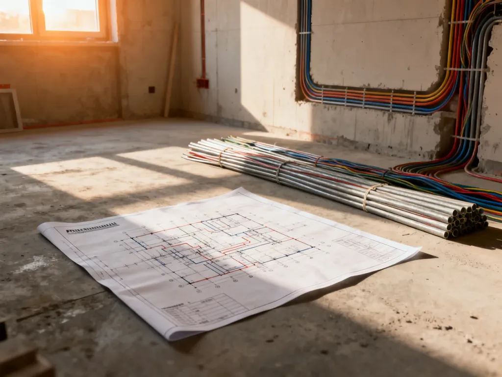 Plan instalacji elektrycznej leżący na podłodze obok przewodów w nowoczesnym, wykańczanym wnętrzu.